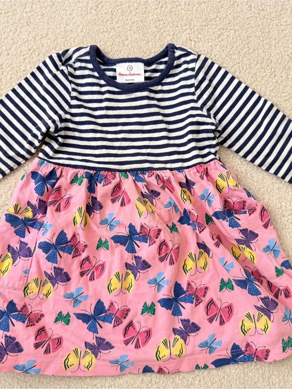 Hanna Andersson Navy & White Stripe Bodice Dress with Pink Butterfly Skirt